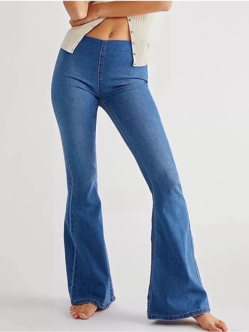 Free People Pull-On Flare Jeans Women’s 24 Blue High Rise Stretch Bell Bottom